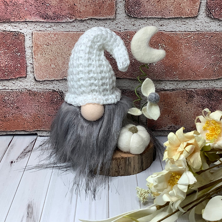 Luna/Knit White Hat with a Pumpkin, Moon & Flora on Natural Wood Base