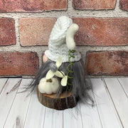 Luna/Knit White Hat with a Pumpkin, Moon & Flora on Natural Wood Base