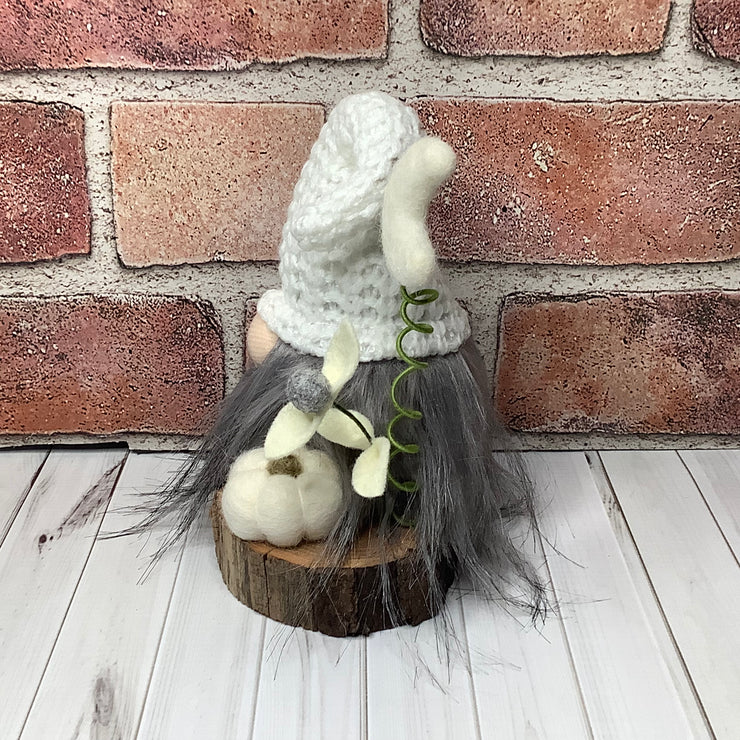 Luna/Knit White Hat with a Pumpkin, Moon & Flora on Natural Wood Base