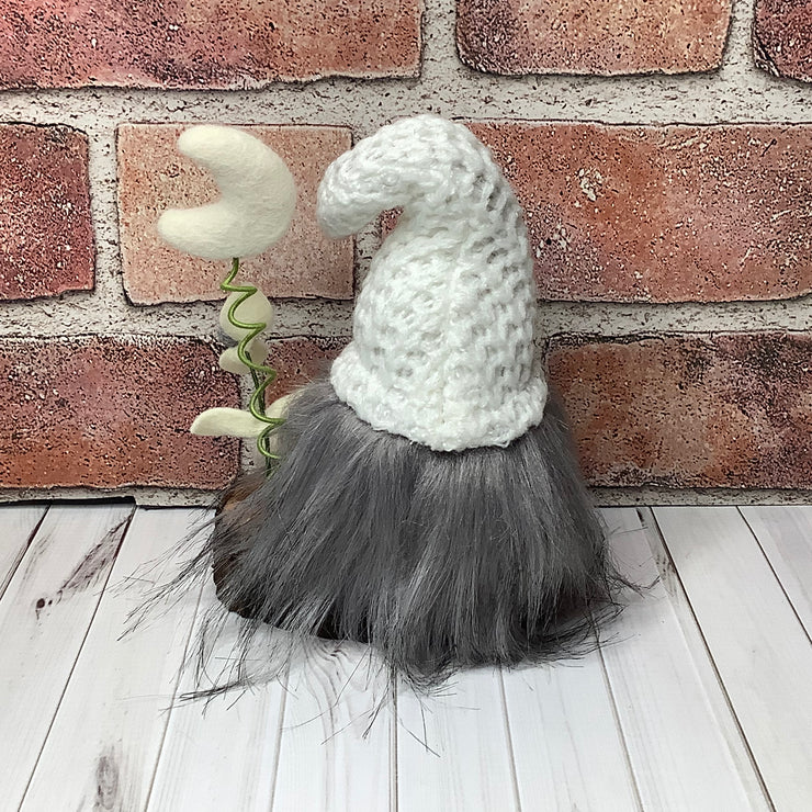 Luna/Knit White Hat with a Pumpkin, Moon & Flora on Natural Wood Base