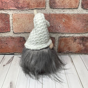 Luna/Knit White Hat with a Pumpkin, Moon & Flora on Natural Wood Base