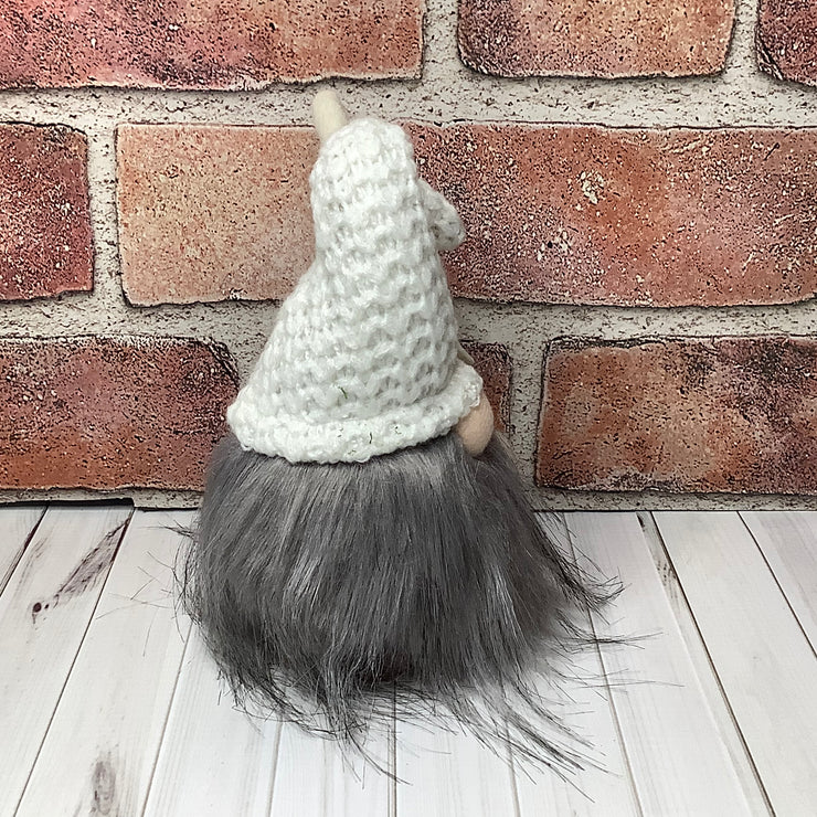Luna/Knit White Hat with a Pumpkin, Moon & Flora on Natural Wood Base
