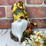 Sunny/Gnome with Sunflower Hat with Pumpkins & Flora on Natural Wood Base