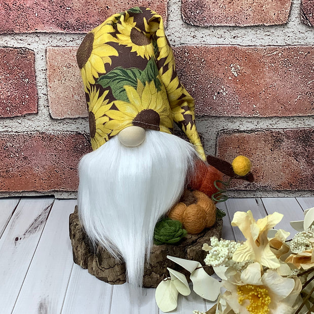 Sunny/Gnome with Sunflower Hat with Pumpkins & Flora on Natural Wood Base