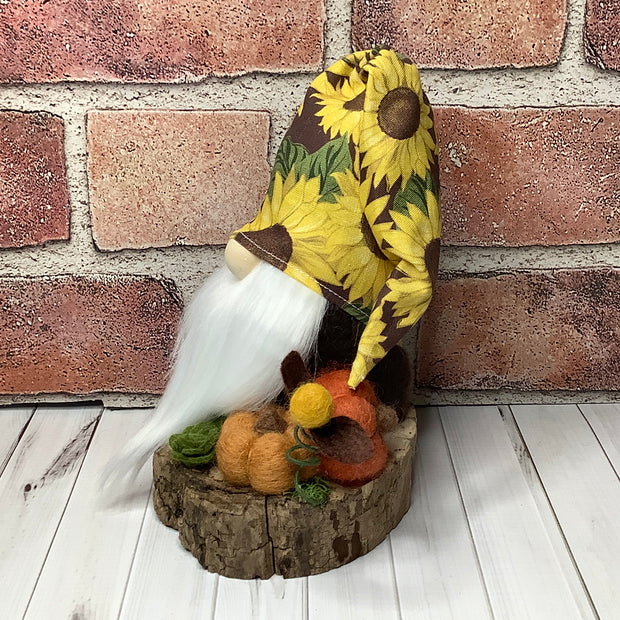 Sunny/Gnome with Sunflower Hat with Pumpkins & Flora on Natural Wood Base