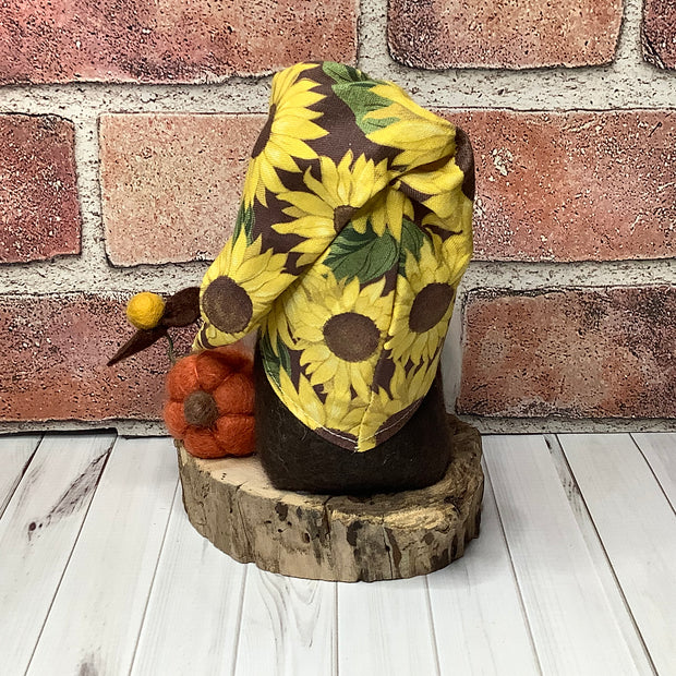 Sunny/Gnome with Sunflower Hat with Pumpkins & Flora on Natural Wood Base