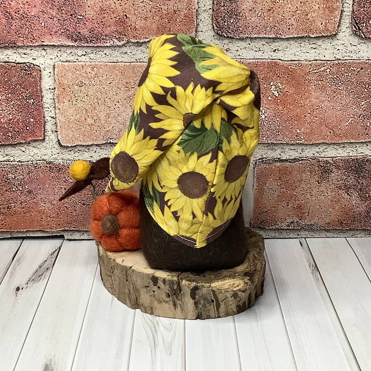Sunny/Gnome with Sunflower Hat with Pumpkins & Flora on Natural Wood Base