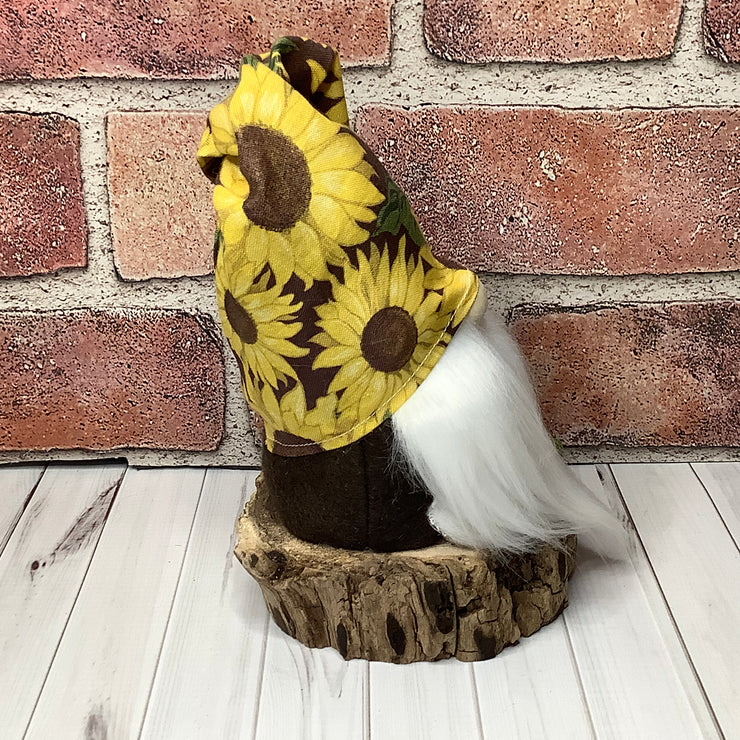 Sunny/Gnome with Sunflower Hat with Pumpkins & Flora on Natural Wood Base