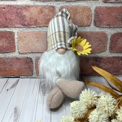 Theo/Gnome with Autumn Hat & Sunflower on Natural Wood Base