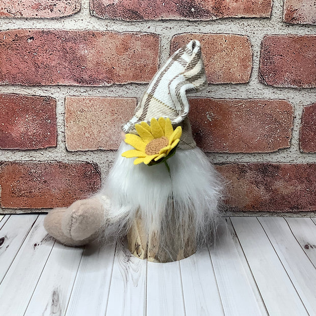 Theo/Gnome with Autumn Hat & Sunflower on Natural Wood Base
