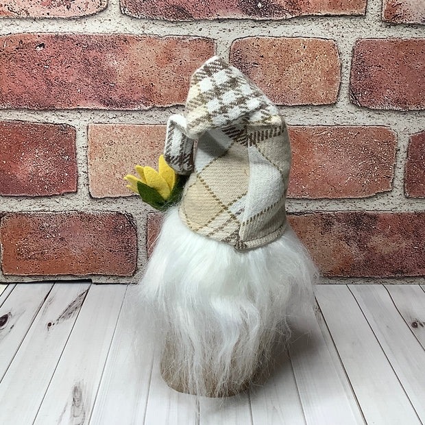Theo/Gnome with Autumn Hat & Sunflower on Natural Wood Base