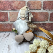 Harrison/Gnome with Autumn Hat, Pumpkin, Mushroom & Flora on Natural Wood Base