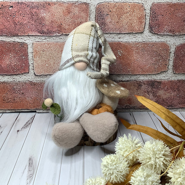 Harrison/Gnome with Autumn Hat, Pumpkin, Mushroom & Flora on Natural Wood Base