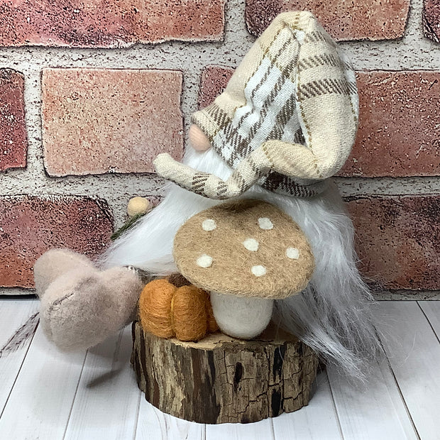 Harrison/Gnome with Autumn Hat, Pumpkin, Mushroom & Flora on Natural Wood Base
