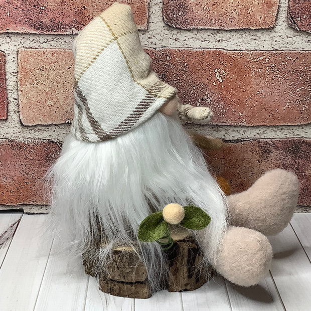 Harrison/Gnome with Autumn Hat, Pumpkin, Mushroom & Flora on Natural Wood Base