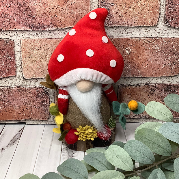 Rufus/Red Mushroom Gnome & Flora on Natural Wood Base