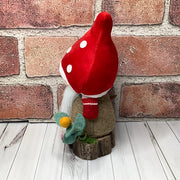 Rufus/Red Mushroom Gnome & Flora on Natural Wood Base