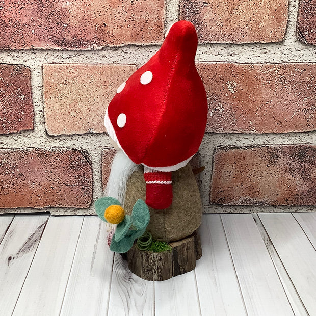Rufus/Red Mushroom Gnome & Flora on Natural Wood Base