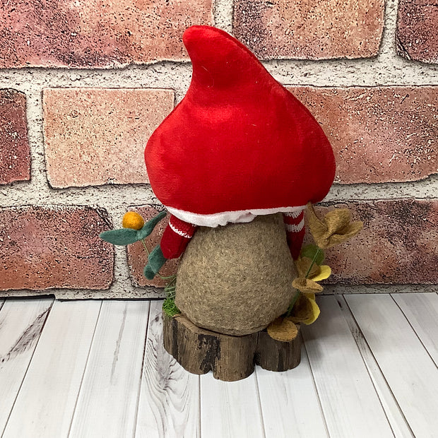 Rufus/Red Mushroom Gnome & Flora on Natural Wood Base