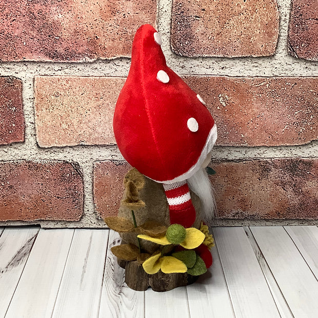 Rufus/Red Mushroom Gnome & Flora on Natural Wood Base