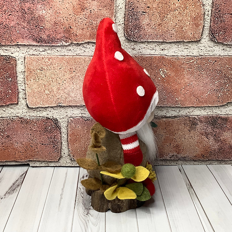 Rufus/Red Mushroom Gnome & Flora on Natural Wood Base