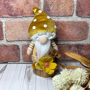 Milo/Mustard Mushroom Gnome & Flora on Natural Wood Base
