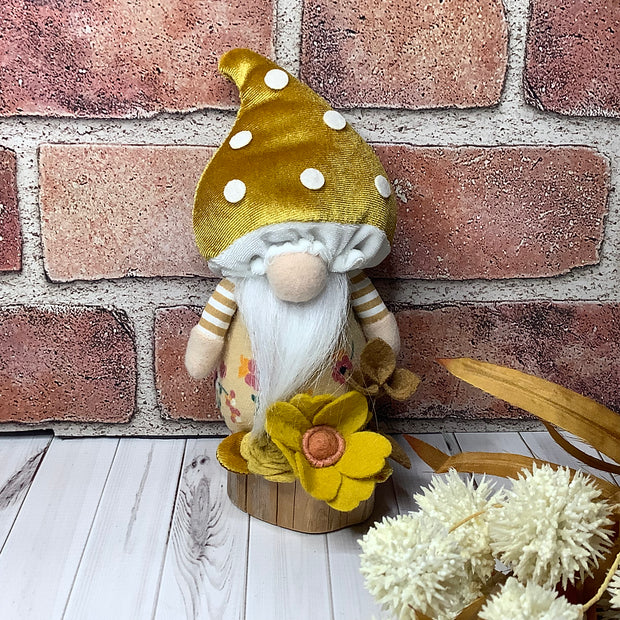 Milo/Mustard Mushroom Gnome & Flora on Natural Wood Base
