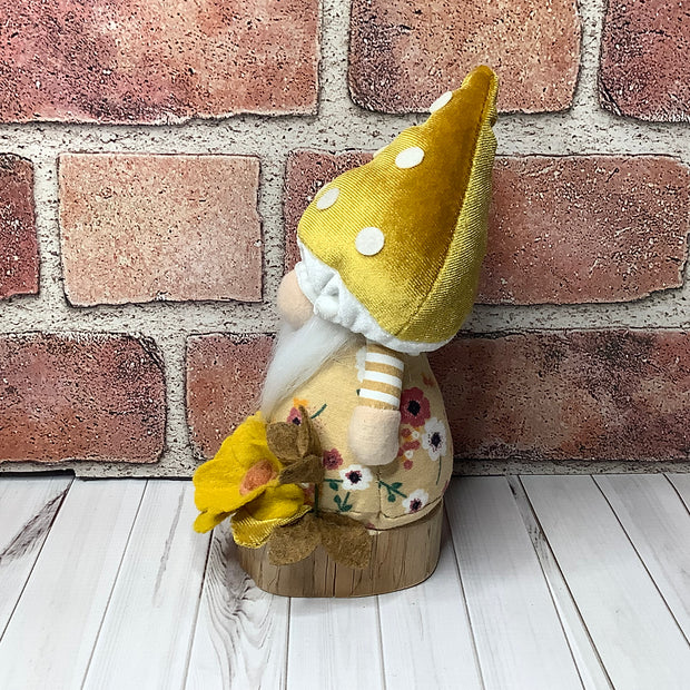 Milo/Mustard Mushroom Gnome & Flora on Natural Wood Base