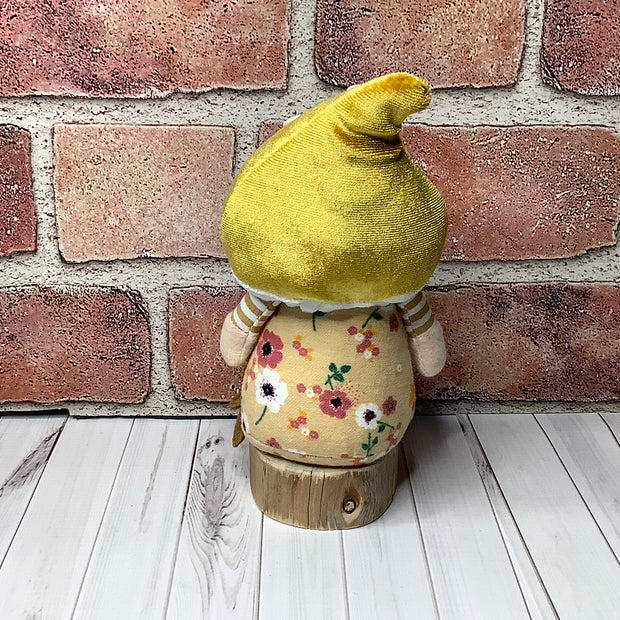 Milo/Mustard Mushroom Gnome & Flora on Natural Wood Base