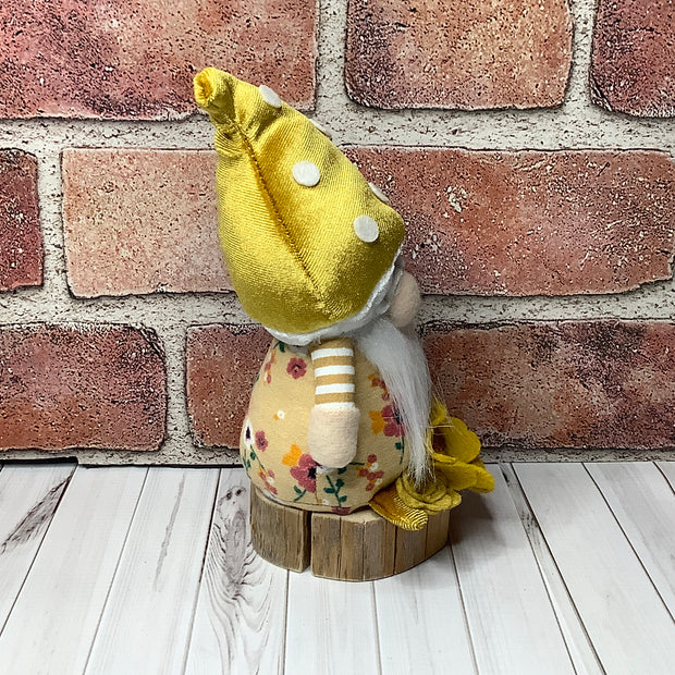 Milo/Mustard Mushroom Gnome & Flora on Natural Wood Base