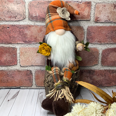 Barley/Scarecrow Gnome, Pumpkin & Flora on Natural Wood Base