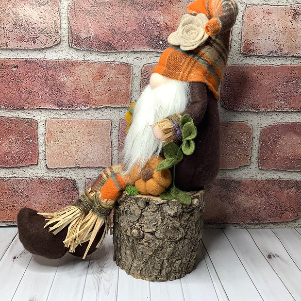 Barley/Scarecrow Gnome, Pumpkin & Flora on Natural Wood Base