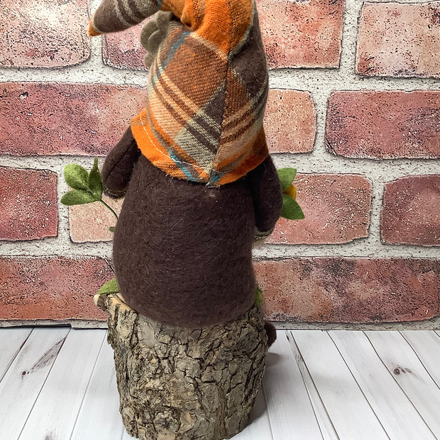Barley/Scarecrow Gnome, Pumpkin & Flora on Natural Wood Base