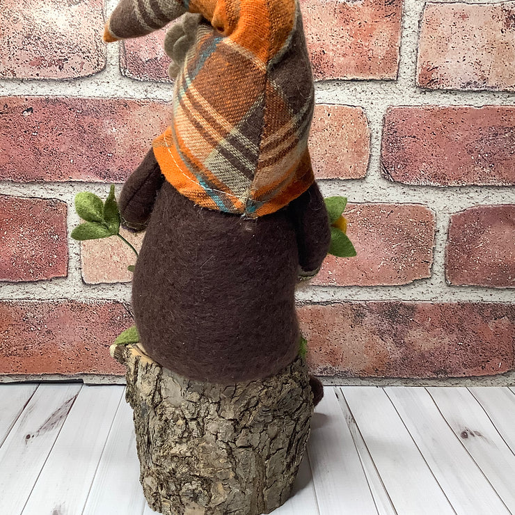 Barley/Scarecrow Gnome, Pumpkin & Flora on Natural Wood Base