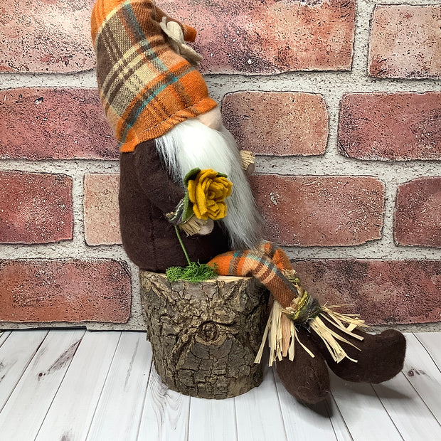 Barley/Scarecrow Gnome, Pumpkin & Flora on Natural Wood Base