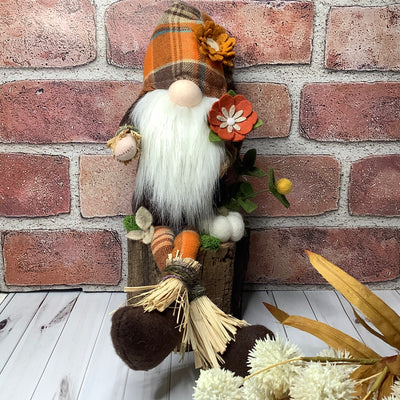 Clyde/Scarecrow Gnome, Pumpkin & Flora on Natural Wood Base