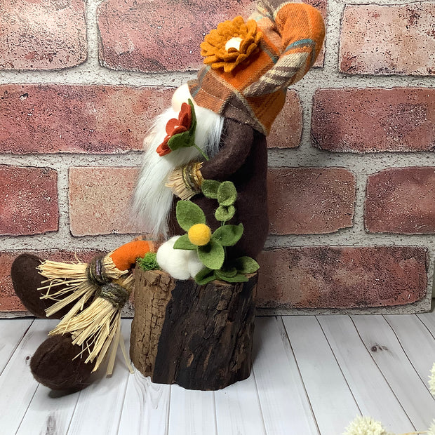 Clyde/Scarecrow Gnome, Pumpkin & Flora on Natural Wood Base