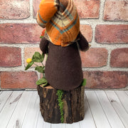 Clyde/Scarecrow Gnome, Pumpkin & Flora on Natural Wood Base