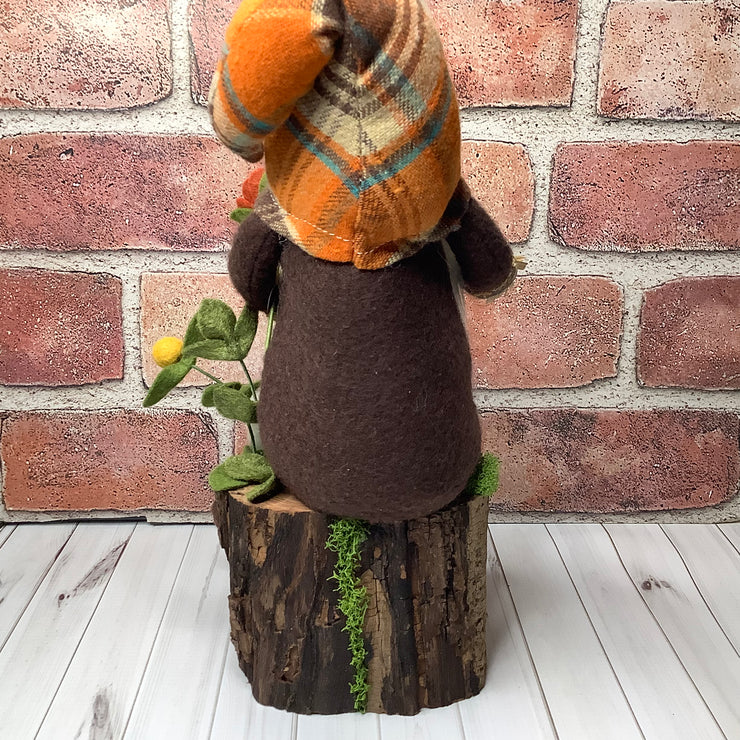 Clyde/Scarecrow Gnome, Pumpkin & Flora on Natural Wood Base