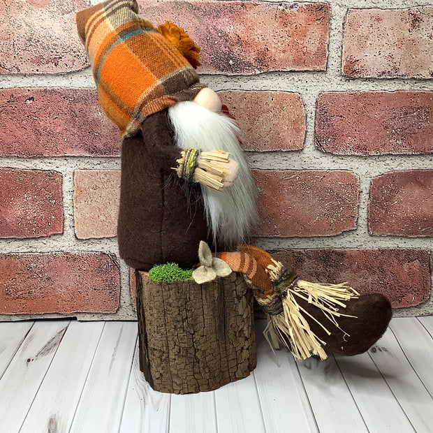 Clyde/Scarecrow Gnome, Pumpkin & Flora on Natural Wood Base
