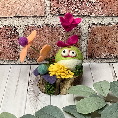 Poppy/Wooly Frog & Flora on Natural Wood Base