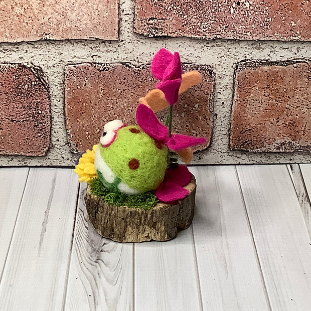 Poppy/Wooly Frog & Flora on Natural Wood Base