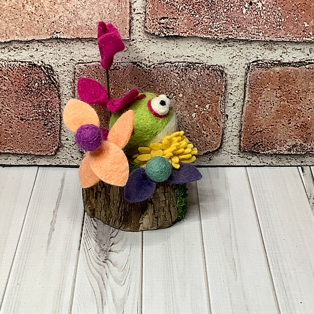 Poppy/Wooly Frog & Flora on Natural Wood Base