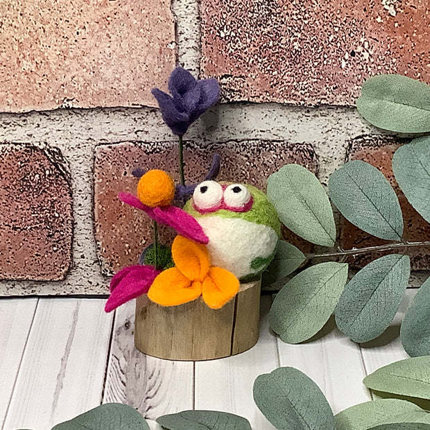 Larkspur/Wooly Frog & Flora on Natural Wood Base