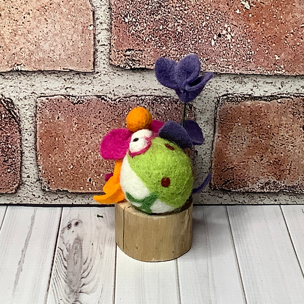 Larkspur/Wooly Frog & Flora on Natural Wood Base