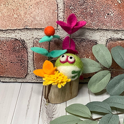 Pip/Wooly Frog & Flora on Natural Wood Base