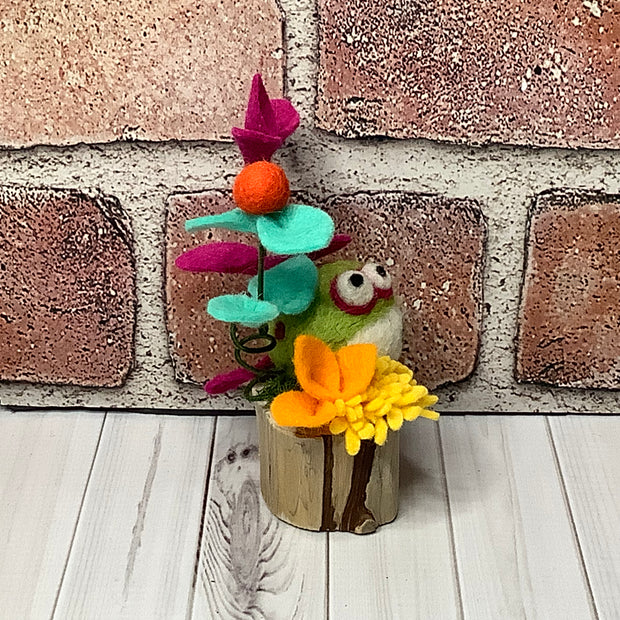 Pip/Wooly Frog & Flora on Natural Wood Base