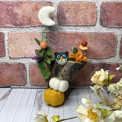 Rowan/Wooly Owl with Pumpkins, Moon & Flora on Natural Wood Base