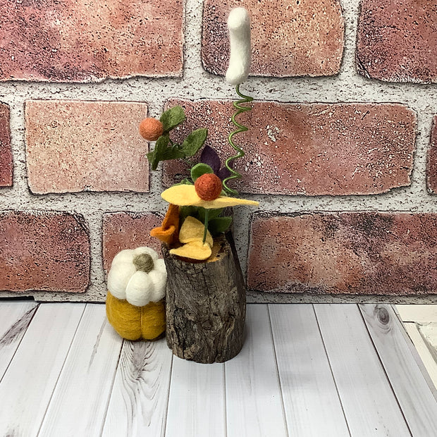 Rowan/Wooly Owl with Pumpkins, Moon & Flora on Natural Wood Base