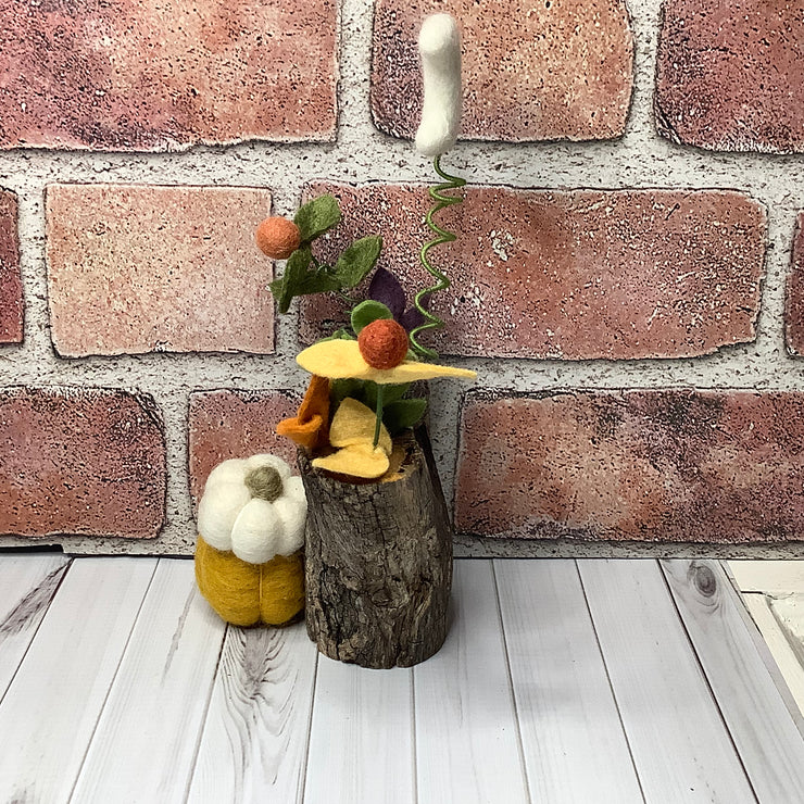 Rowan/Wooly Owl with Pumpkins, Moon & Flora on Natural Wood Base